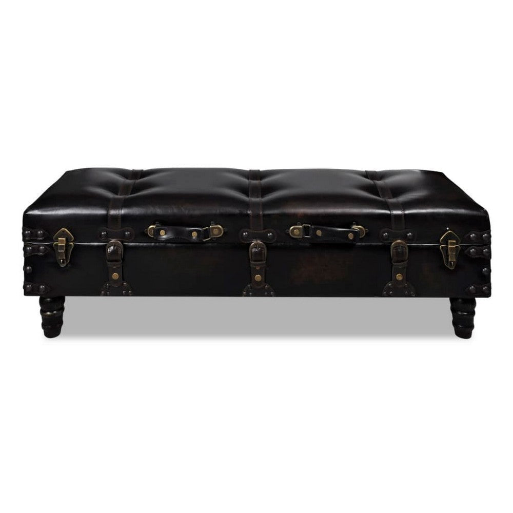Storage Bench Ottoman Solid Wood Black Tufted Faux Leather 44 Inch BM325870