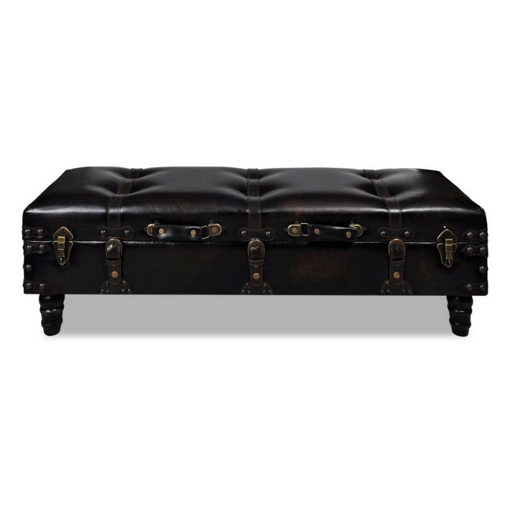 Storage Bench Ottoman, Solid Wood, Black Tufted Faux Leather, 44 Inch
