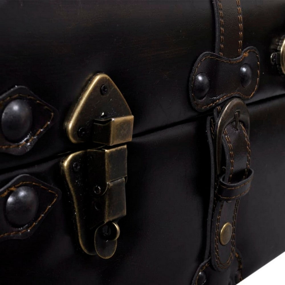 Storage Bench Ottoman, Solid Wood, Black Tufted Faux Leather, 44 Inch