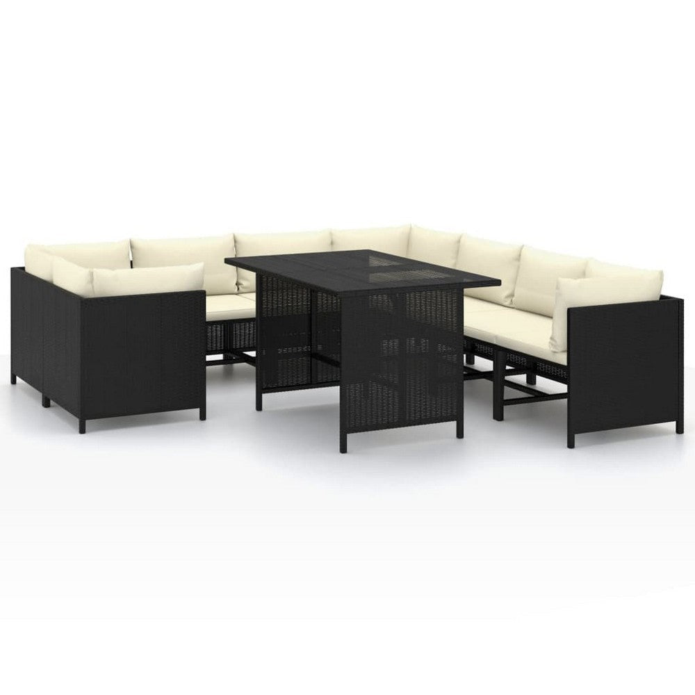 Nilo 9pc Outdoor Modular Corner Sofa Set w Dining Table, Black Rattan