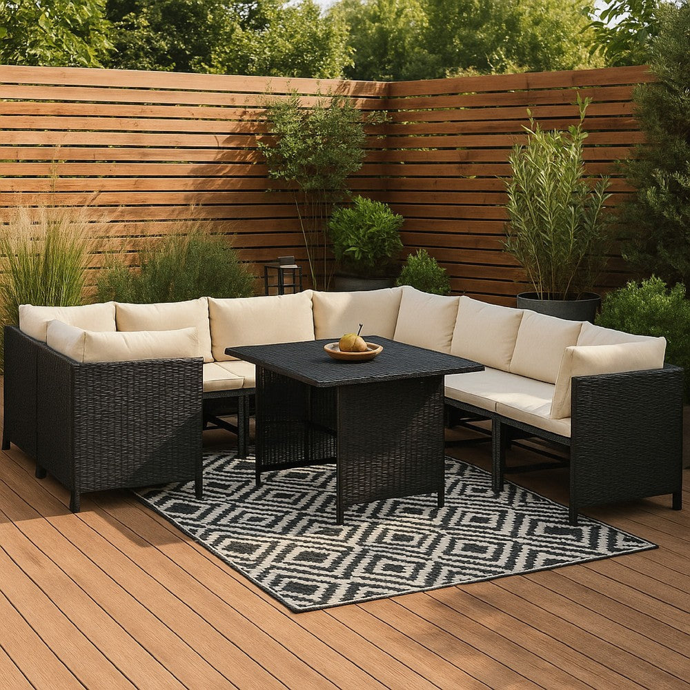 Nilo 9pc Outdoor Modular Corner Sofa Set w Dining Table, Black Rattan