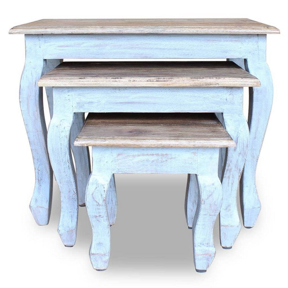 3pc Nesting End Table Set Light Blue Turned Legs Brown Reclaimed Wood BM325877