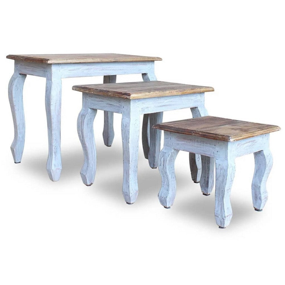 3pc Nesting End Table Set Light Blue Turned Legs Brown Reclaimed Wood BM325877