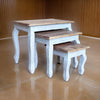 3pc Nesting End Table Set, Light Blue Turned Legs Brown Reclaimed Wood