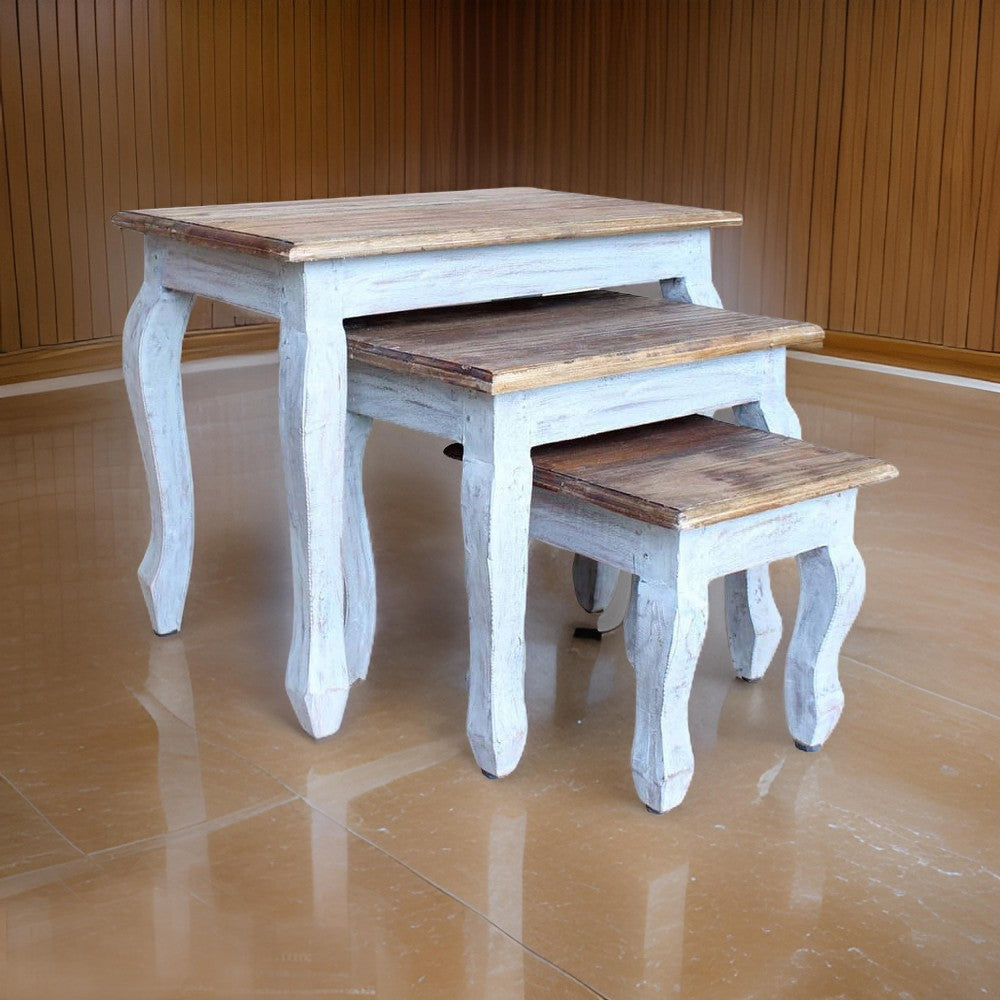 3pc Nesting End Table Set, Light Blue Turned Legs Brown Reclaimed Wood