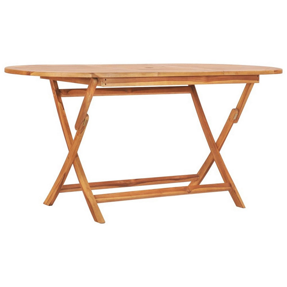 Outdoor Folding Dining Table, Slatted, X Legs, 63 Inch Brown Wood