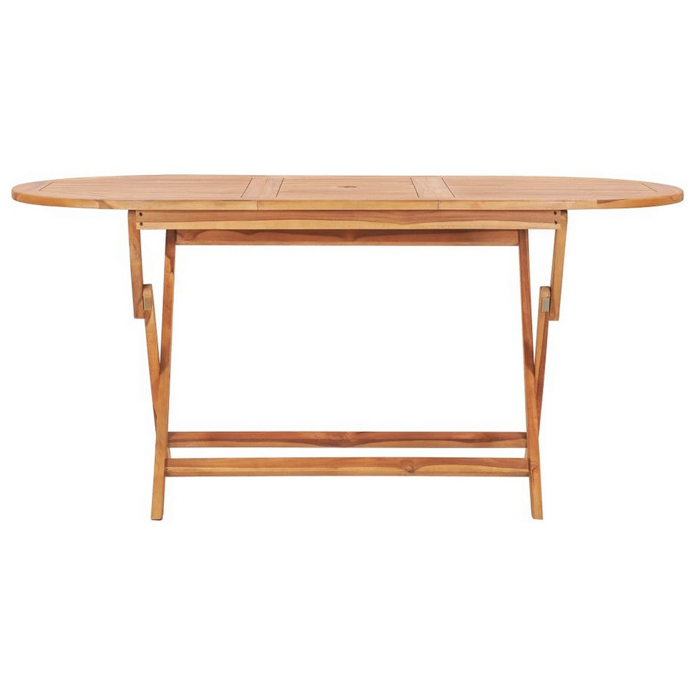 Outdoor Folding Dining Table, Slatted, X Legs, 63 Inch Brown Wood
