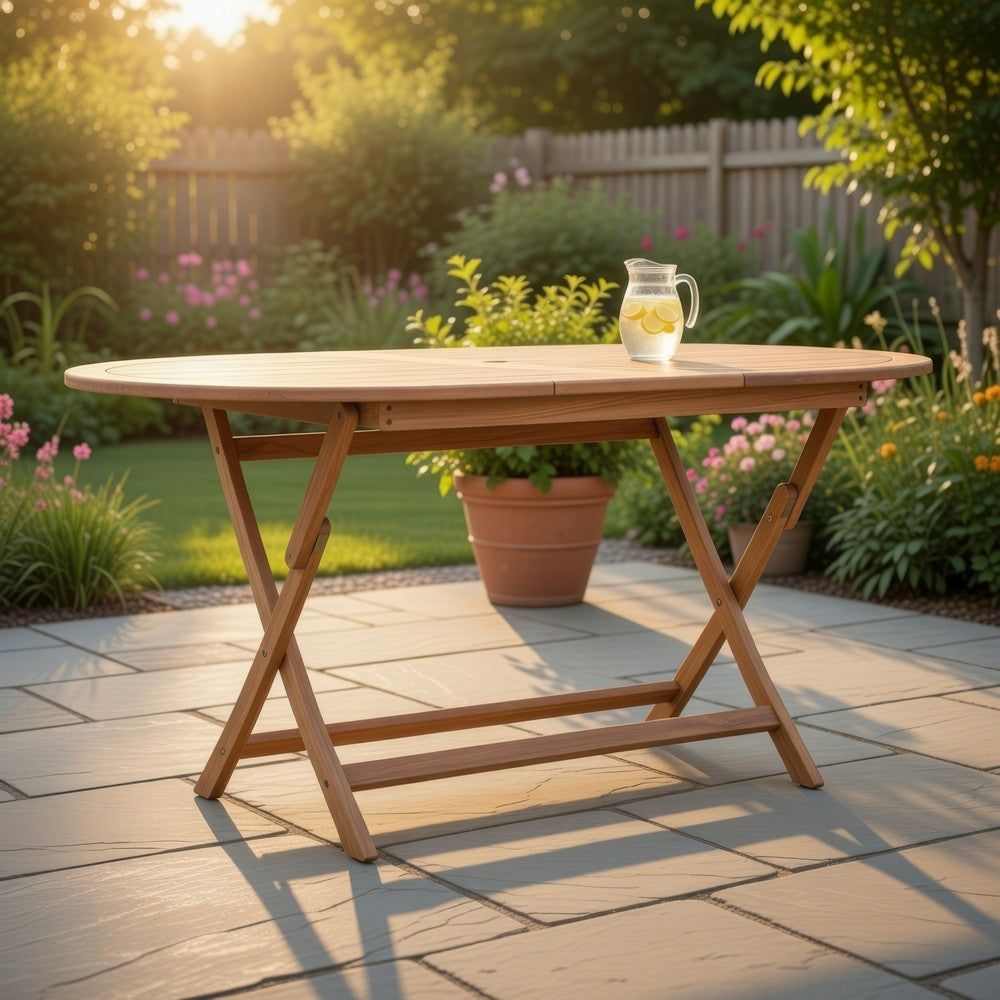 Outdoor Folding Dining Table, Slatted, X Legs, 63 Inch Brown Wood