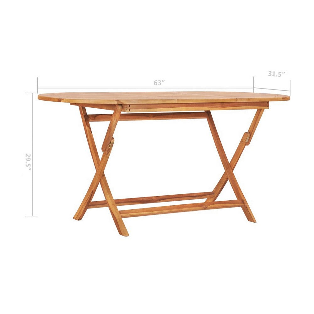 Outdoor Folding Dining Table, Slatted, X Legs, 63 Inch Brown Wood