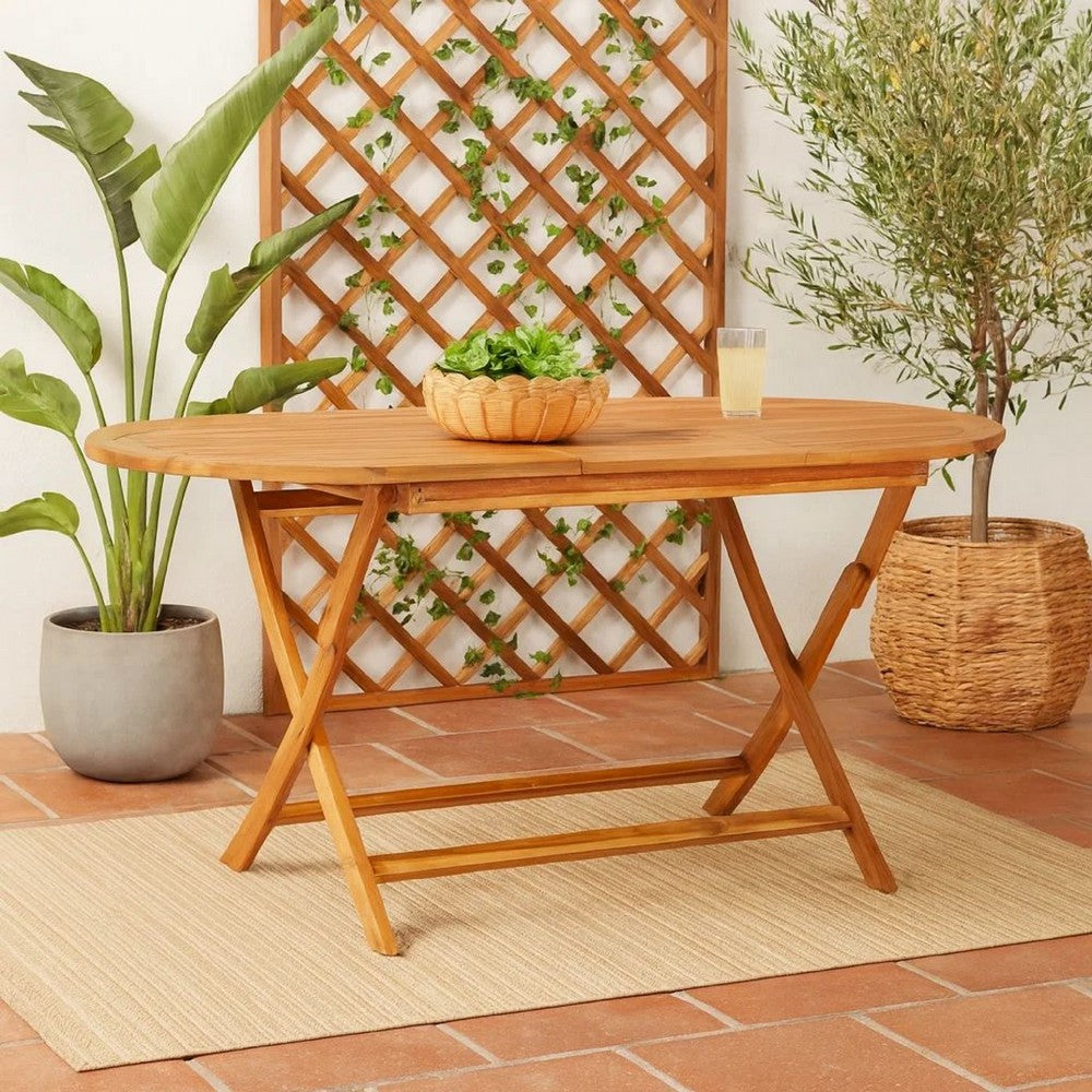 Outdoor Folding Dining Table, Slatted, X Legs, 63 Inch Brown Wood