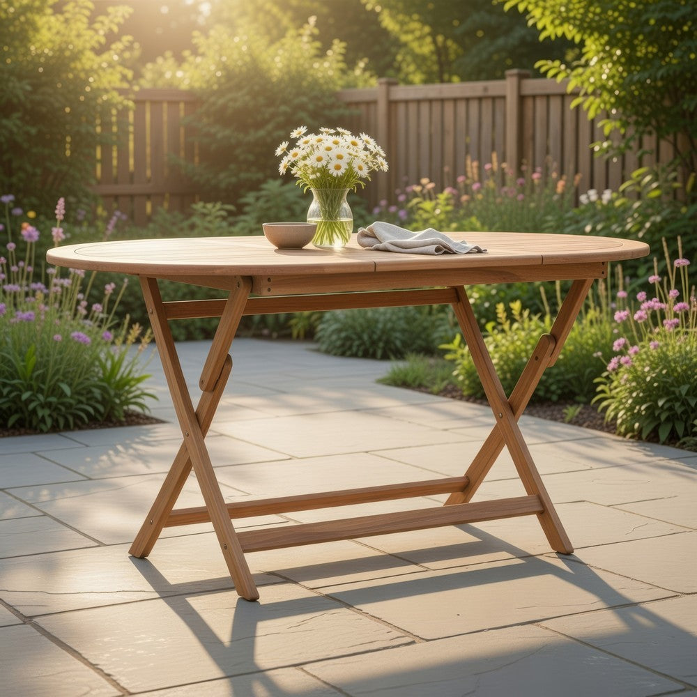 Outdoor Folding Dining Table, Slatted, X Legs, 63 Inch Brown Wood