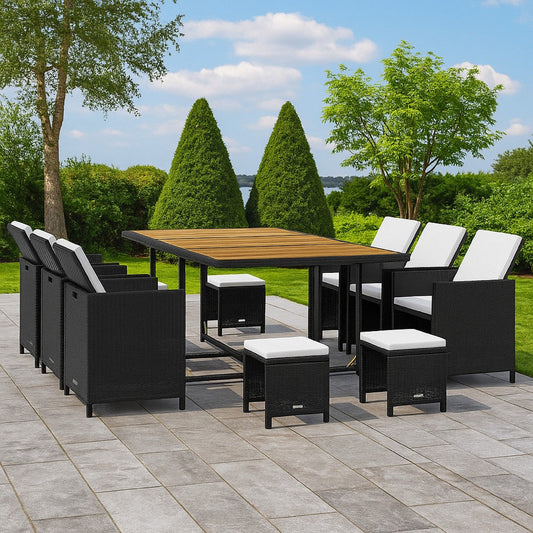 11pc Outdoor Dining Table Set, 10 Seater, Brown Acacia Wood n Rattan