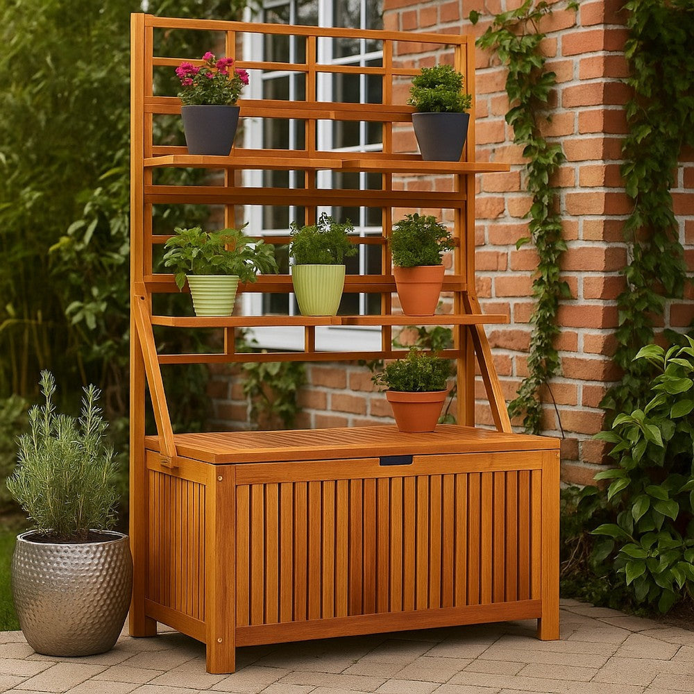 Outdoor Storage Box with Trellis n Shelves, 63 Inch, Brown Acacia Wood