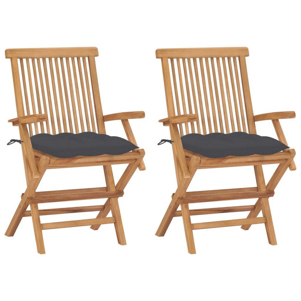 Outdoor Accent Chair Set of 2, Folding Design, Gray, Brown Teak Wood