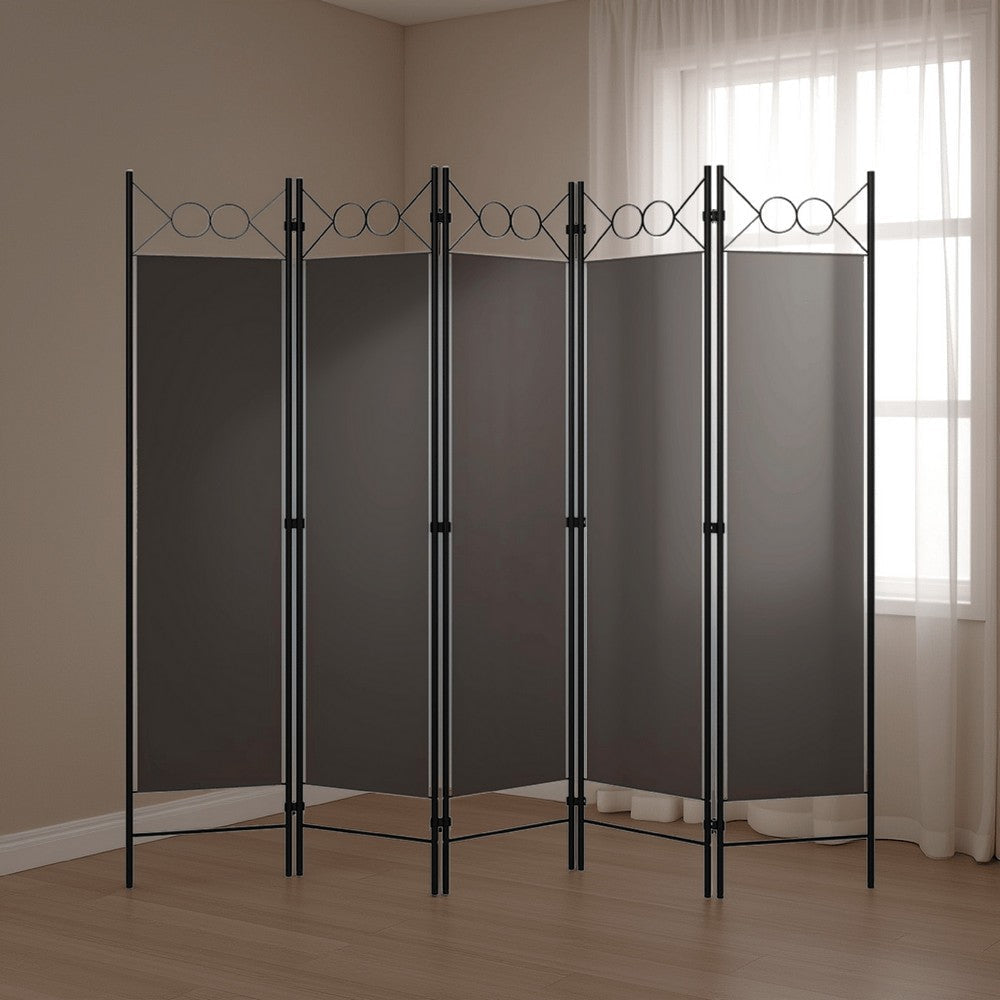 5 Panel Folding Room Divider Screen 79 Inch Tall, Gray Iron, Polyester