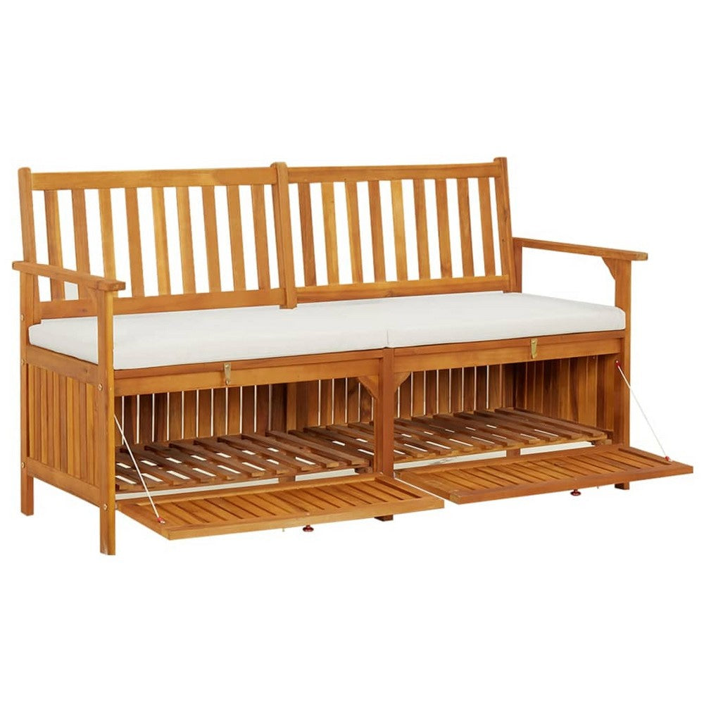 Outdoor Storage Bench 58 Inch Brown Acacia Wood Cream White Cushion BM325895