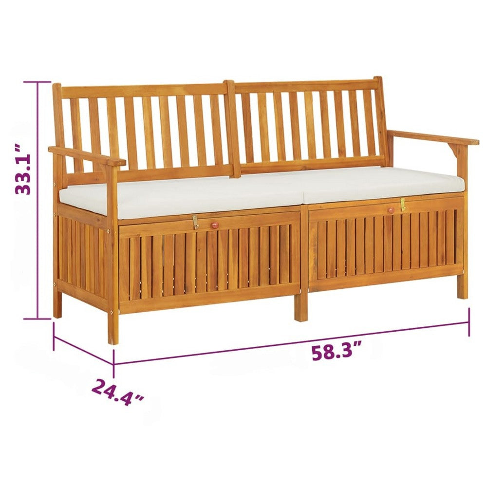 Outdoor Storage Bench 58 Inch Brown Acacia Wood Cream White Cushion BM325895