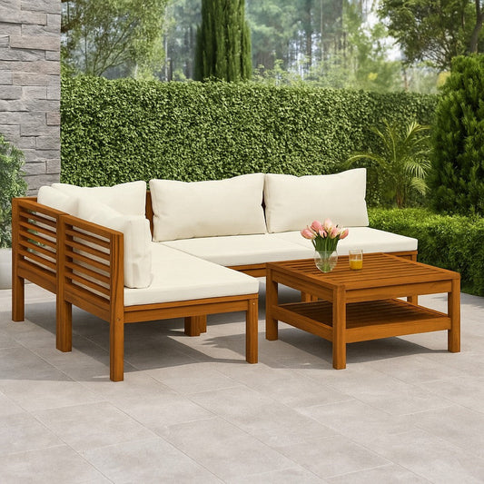 Lina 5pc Outdoor Modular Sofa and Coffee Table Set, Brown Acacia Wood