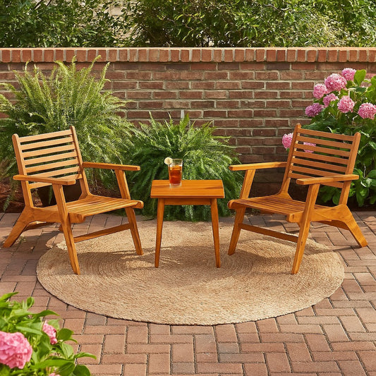 3pc Outdoor Tea Table Set, 2 Chair, Slatted Solid Brown Acacia Wood