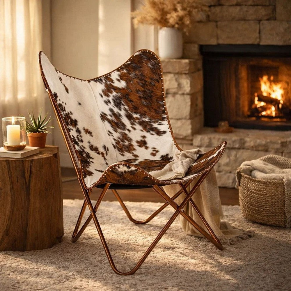 Srie Butterfly Chair, Steel Frame, Brown and White Cowhide Leather