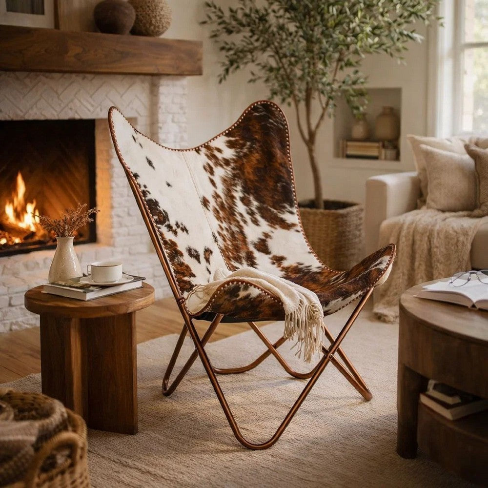 Srie Butterfly Chair, Steel Frame, Brown and White Cowhide Leather
