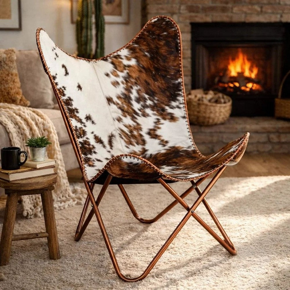Srie Butterfly Chair, Steel Frame, Brown and White Cowhide Leather