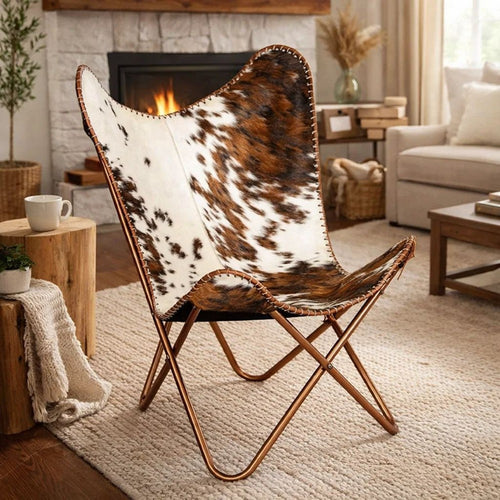 Srie Butterfly Chair, Steel Frame, Brown and White Cowhide Leather