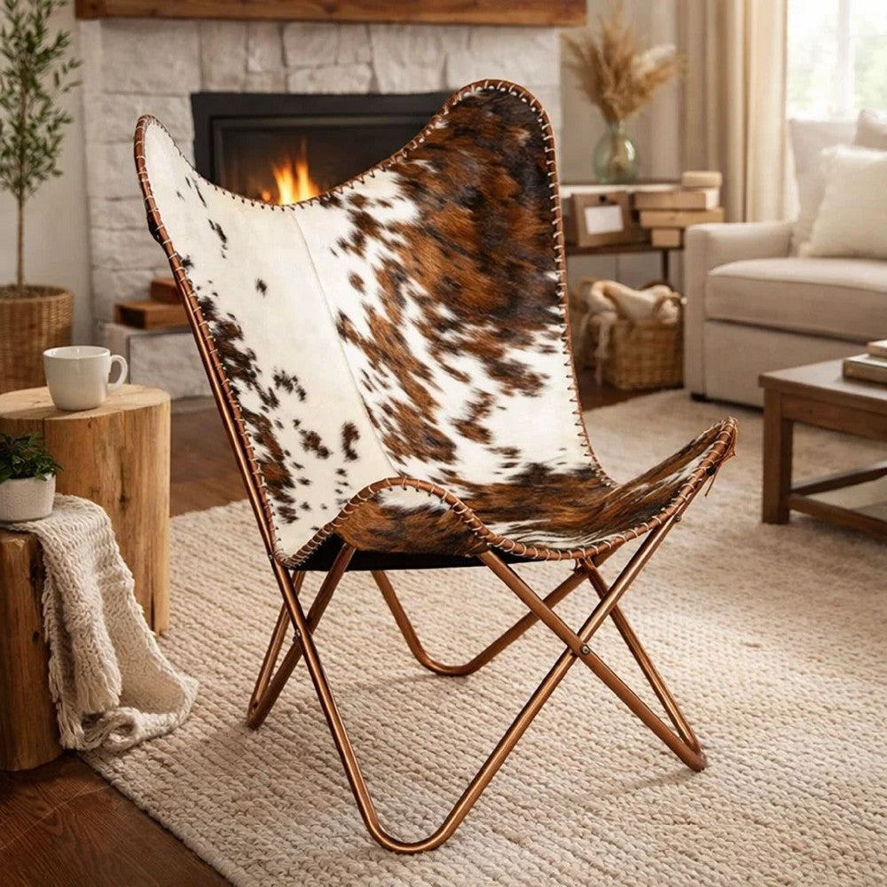 Srie Butterfly Chair, Steel Frame, Brown and White Cowhide Leather