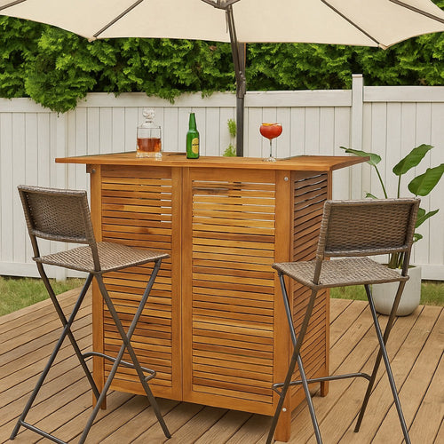 Outdoor Bar Counter Table w Shelves, 43 Inch Brown Solid Acacia Wood