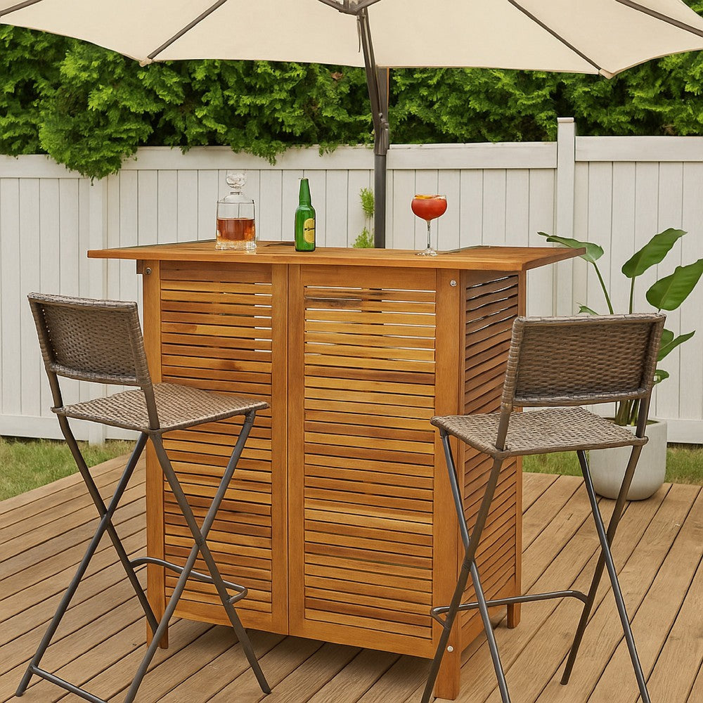 Outdoor Bar Counter Table w Shelves, 43 Inch Brown Solid Acacia Wood