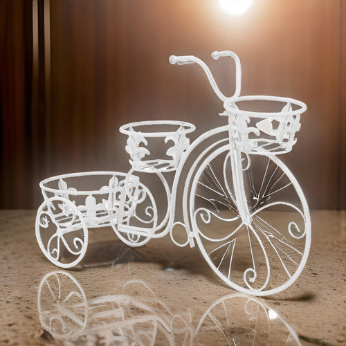 Outdoor Plant Stand, Tricycle Shape, Scrollwork, 30 Inch White Metal