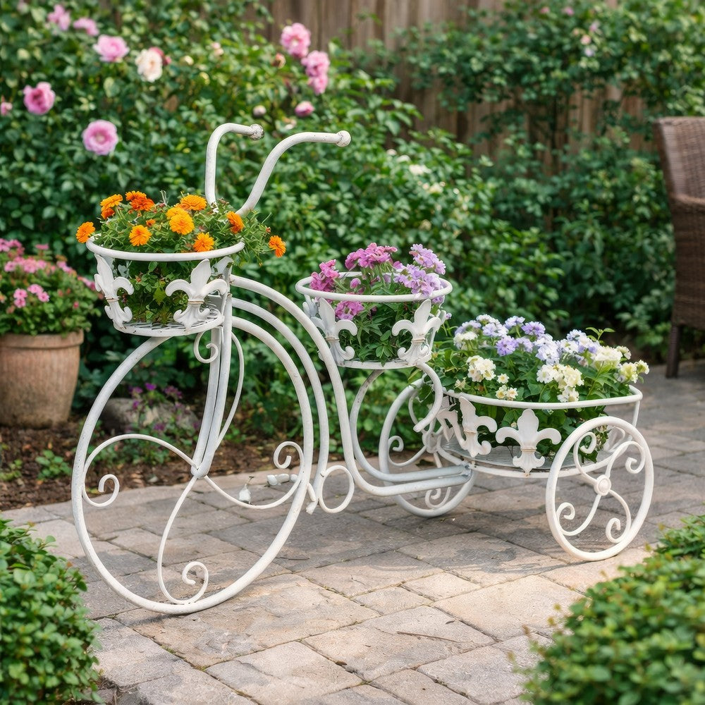 Outdoor Plant Stand, Tricycle Shape, Scrollwork, 30 Inch White Metal