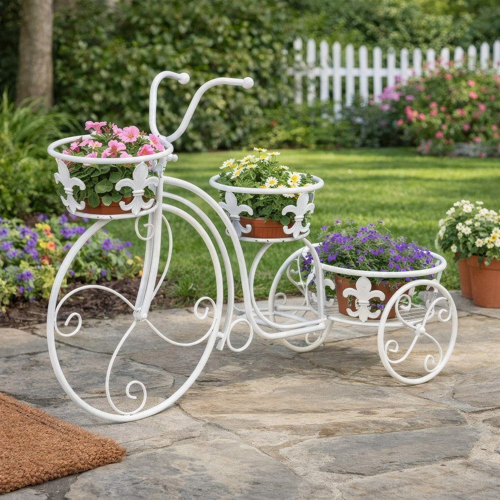 Outdoor Plant Stand, Tricycle Shape, Scrollwork, 30 Inch White Metal