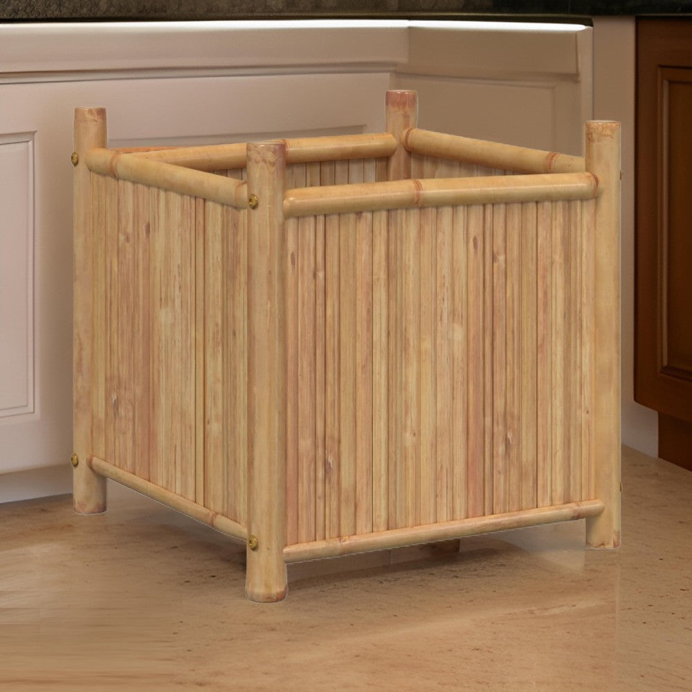 Outdoor Planter, Raised Design, 20 Inch Natural Brown Bamboo Finish