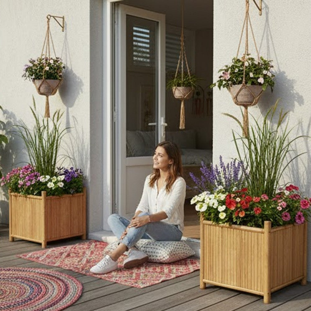Outdoor Planter, Raised Design, 20 Inch Natural Brown Bamboo Finish