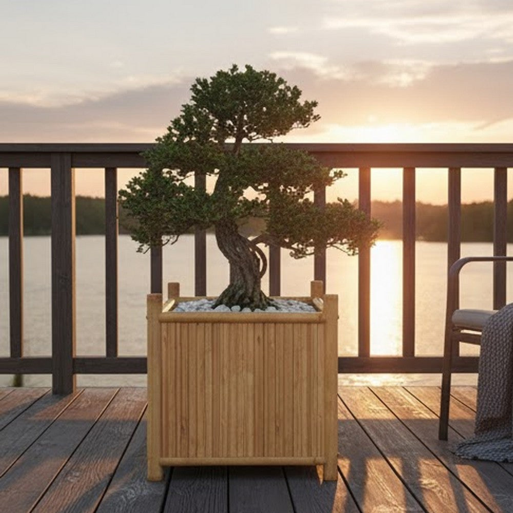 Outdoor Planter, Raised Design, 20 Inch Natural Brown Bamboo Finish