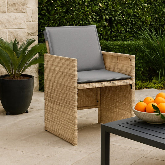 Outdoor Accent Chair Set of 4, Beige Rattan, Gray High Back Cushions