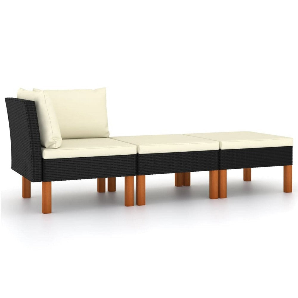 3pc Outdoor Modular Corner Sofa Set Black Poly Rattan Ivory Polyester BM325923