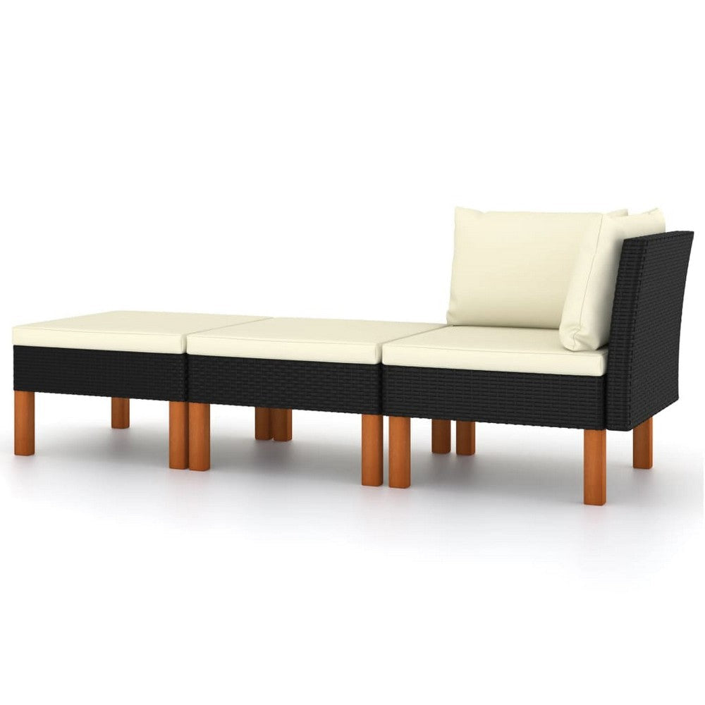 3pc Outdoor Modular Corner Sofa Set Black Poly Rattan Ivory Polyester BM325923