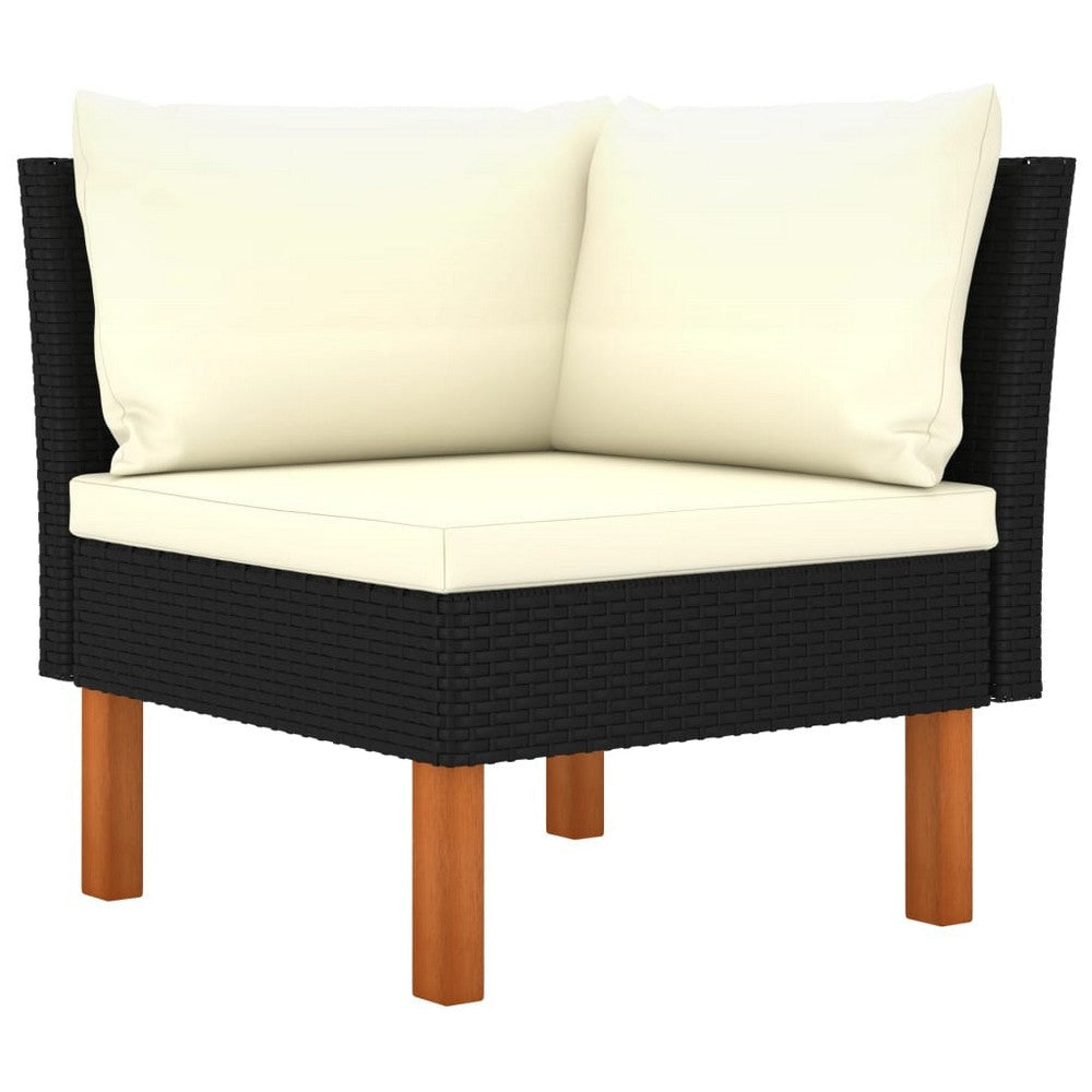 3pc Outdoor Modular Corner Sofa Set Black Poly Rattan Ivory Polyester BM325923