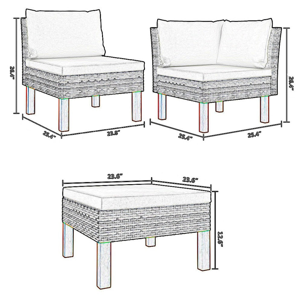 3pc Outdoor Modular Corner Sofa Set Black Poly Rattan Ivory Polyester BM325923