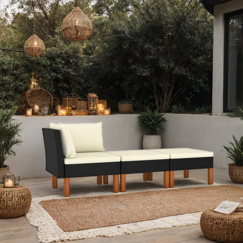 3pc Outdoor Modular Corner Sofa Set, Black Poly Rattan Ivory Polyester