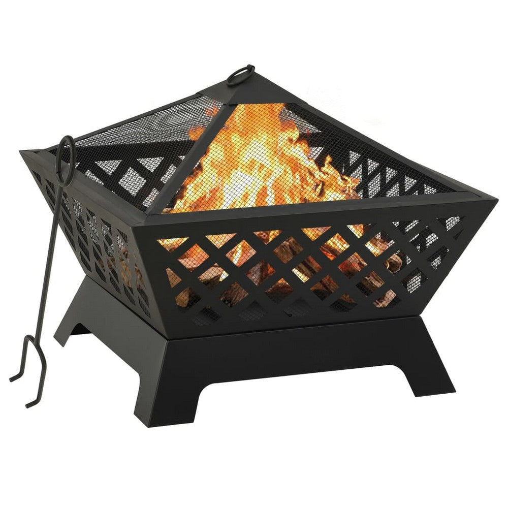 Outdoor Fire Pit with Poker n Mesh Cover, 25 Inch Square, Black Steel