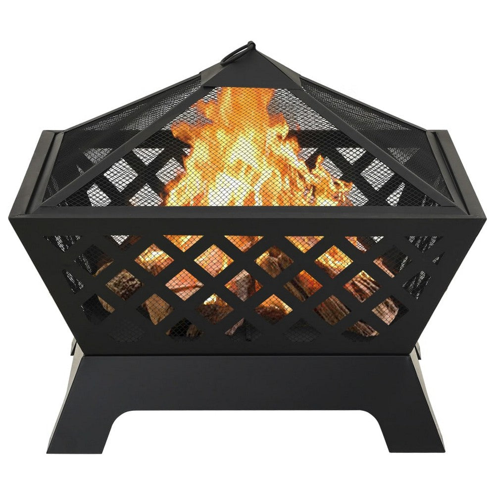 Outdoor Fire Pit with Poker n Mesh Cover 25 Inch Square Black Steel BM325926