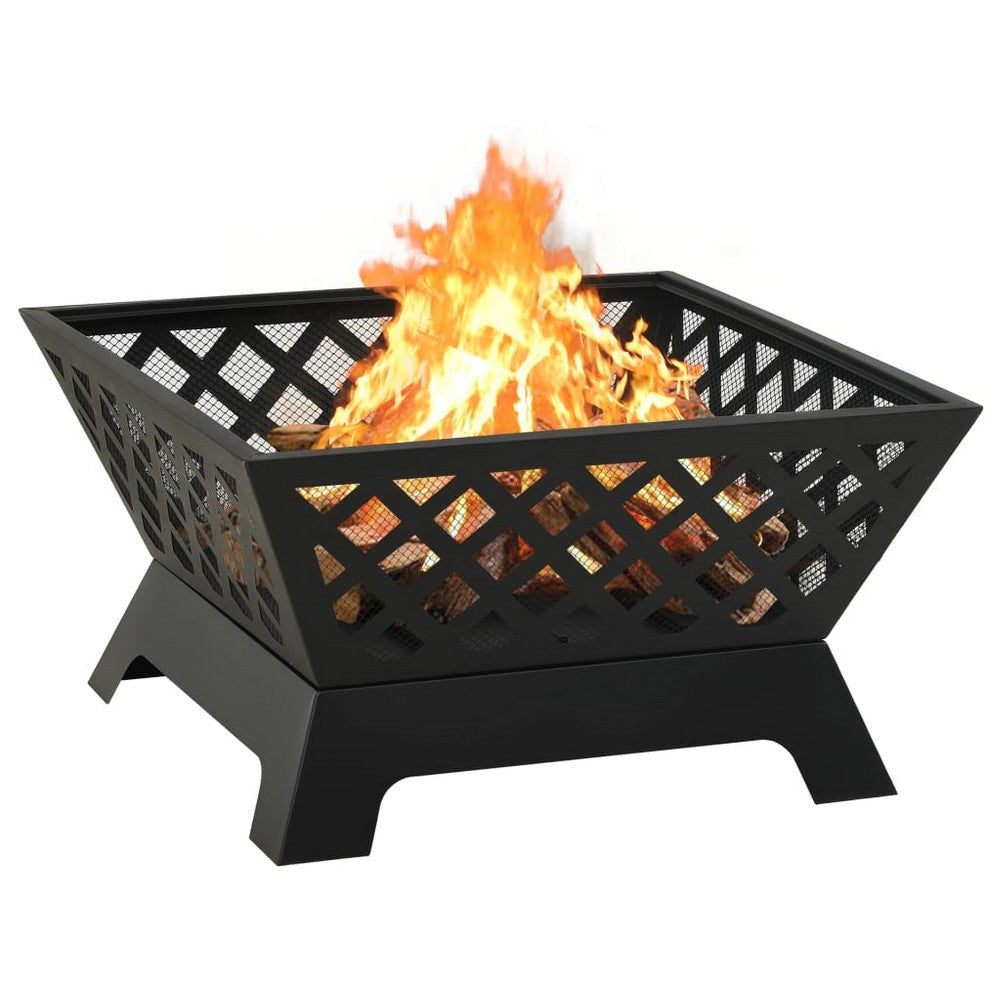 Outdoor Fire Pit with Poker n Mesh Cover 25 Inch Square Black Steel BM325926
