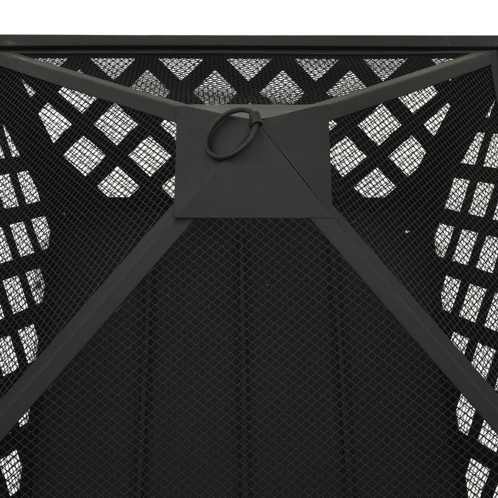 Outdoor Fire Pit with Poker n Mesh Cover 25 Inch Square Black Steel BM325926