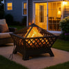 Outdoor Fire Pit with Poker n Mesh Cover, 25 Inch Square, Black Steel