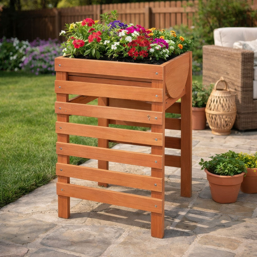 Outdoor Planter with Standing Slatted Design, Natural Brown Fir Wood