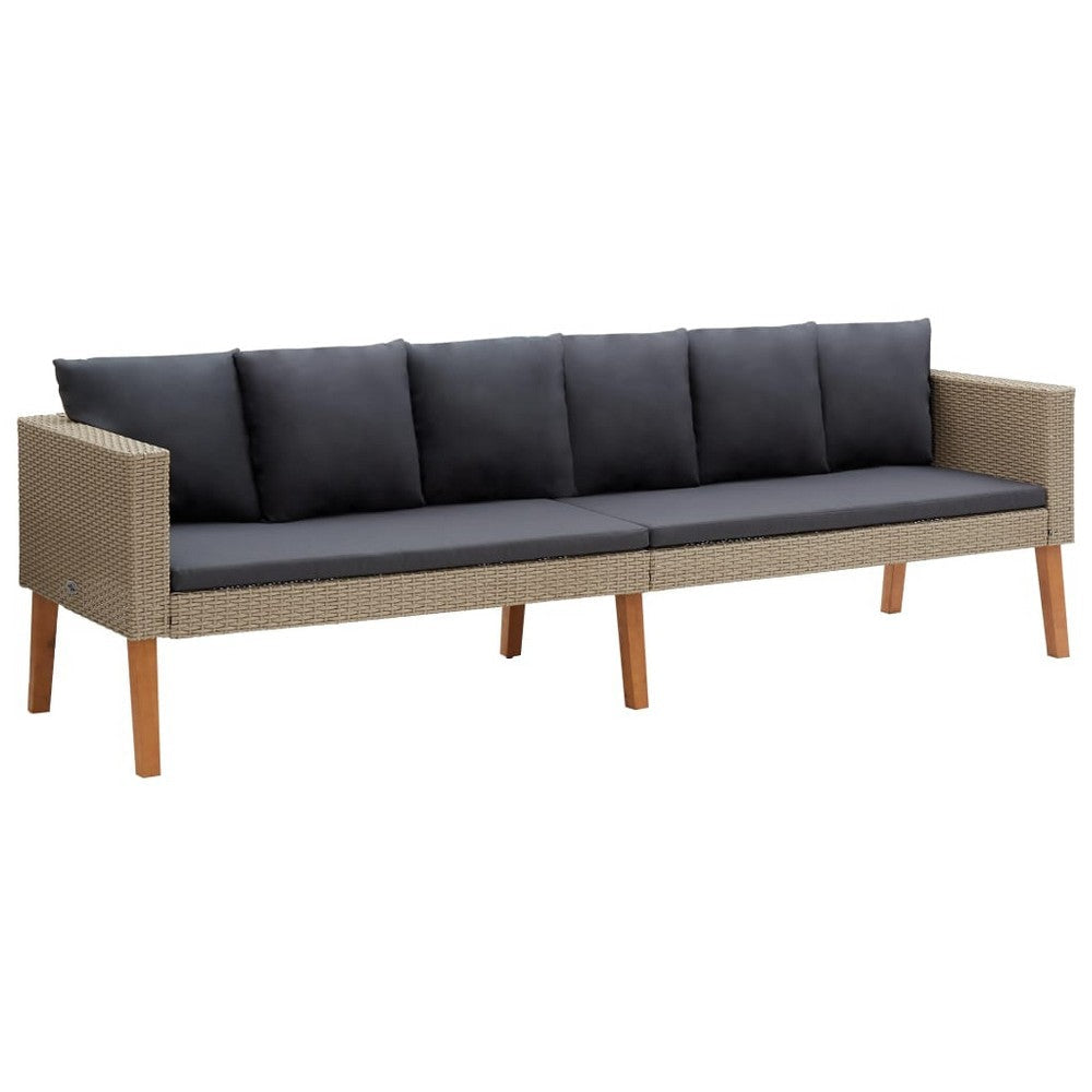 Outdoor 3 Seater Patio Sofa, 86 Inch Beige Poly Rattan, Gray Cushions