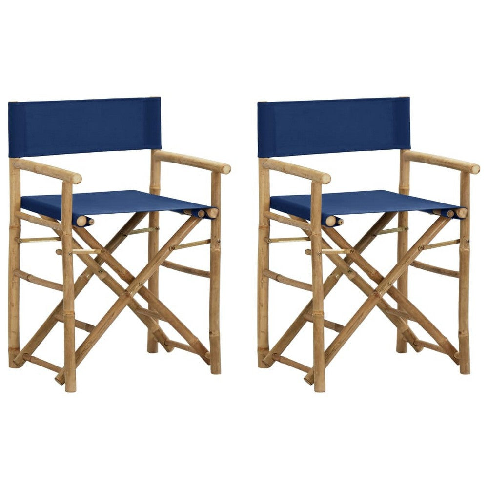 Foldable Directors Chair Set of 2, Accent Bamboo Frame, Blue Polyester